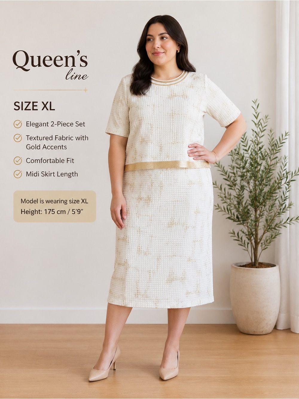 Women's Cream Midi Skirt Set with Gold Accents
